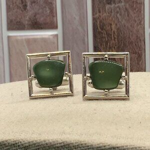Sarah Coventry Green Resin Silver Tone Square Cuff Links